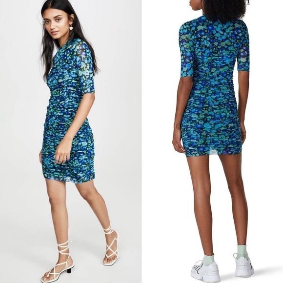 GANNI Floral Ruched Stretch Tulle Short Sleeve Crew Neck Bodycon Sheath Dress XS - Picture 12 of 16